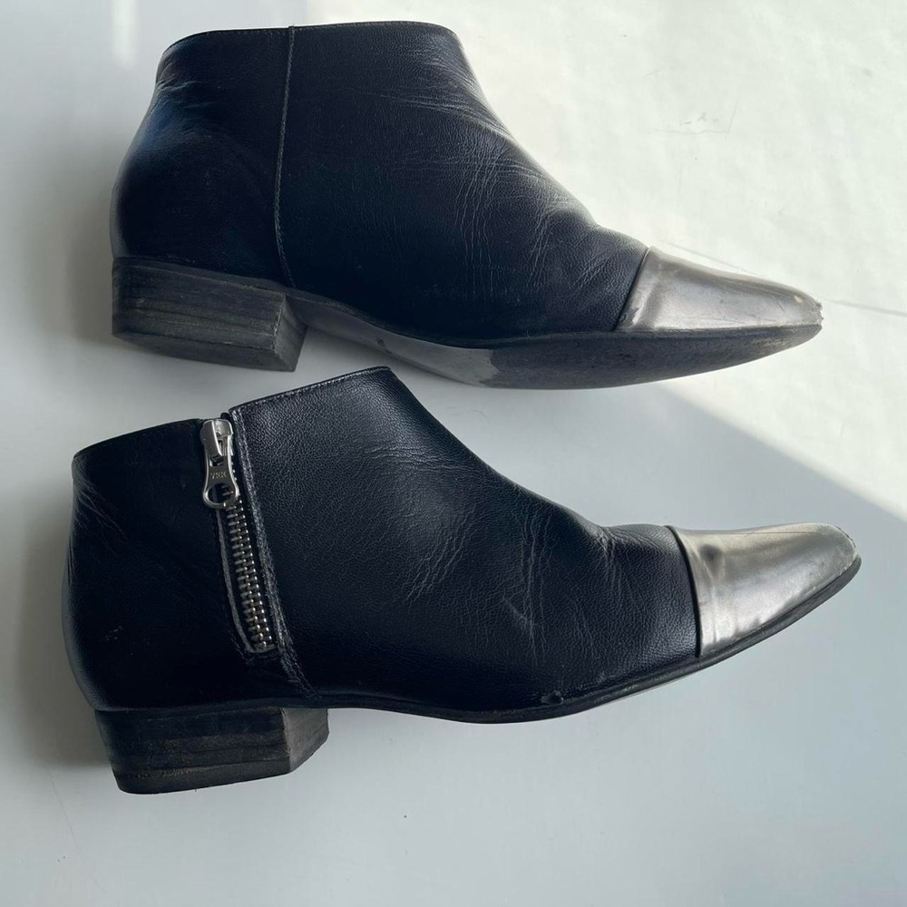 Black Leather Ankle Boots with Silver Toe Cap